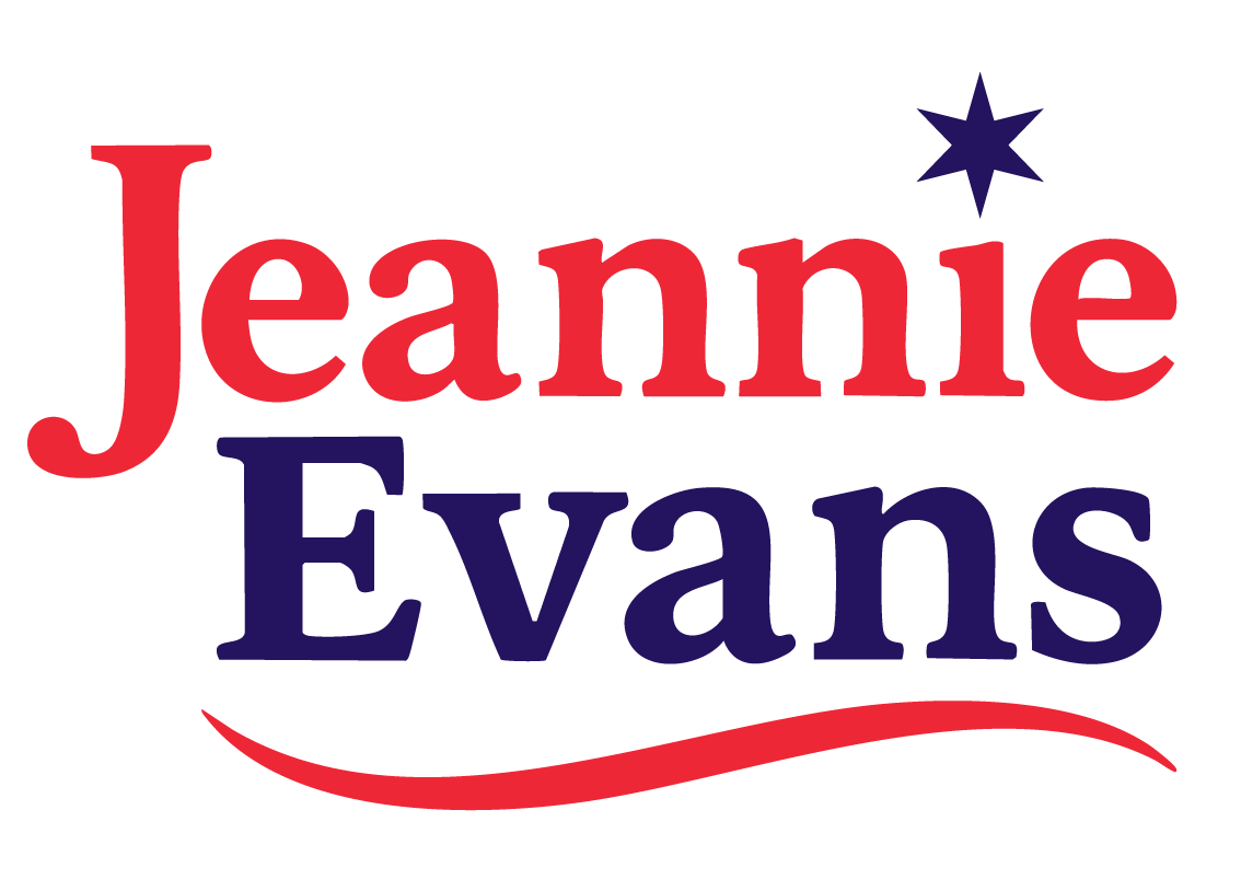 Jeannie Evans campaign logo with navy Jeannie and red Evans on red background