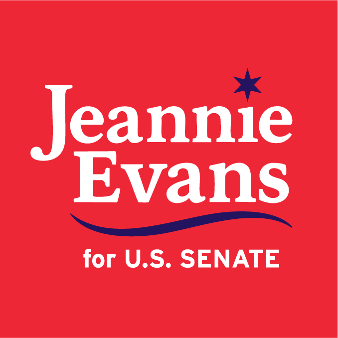 Jeannie Evans campaign logo with navy Jeannie and red Evans on red background, alternate serif