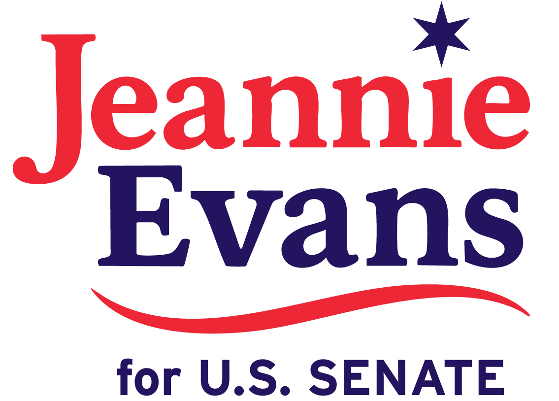 Jeannie Evans campaign logo on red background with white Jeannie and navy Evans