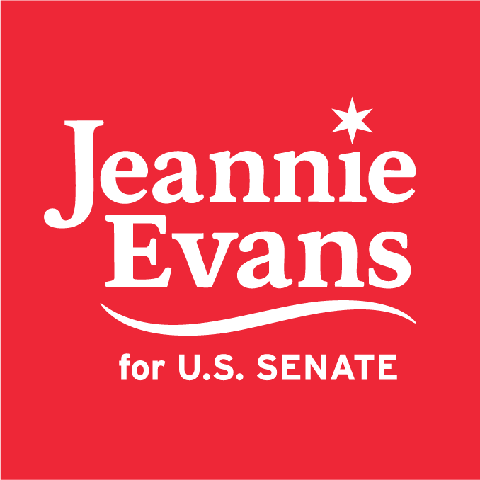 Jeannie Evans campaign logo all white on red background